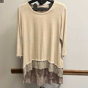 LOGO by Lori Goldstein Beige and Taupe Lace Trim Tunic